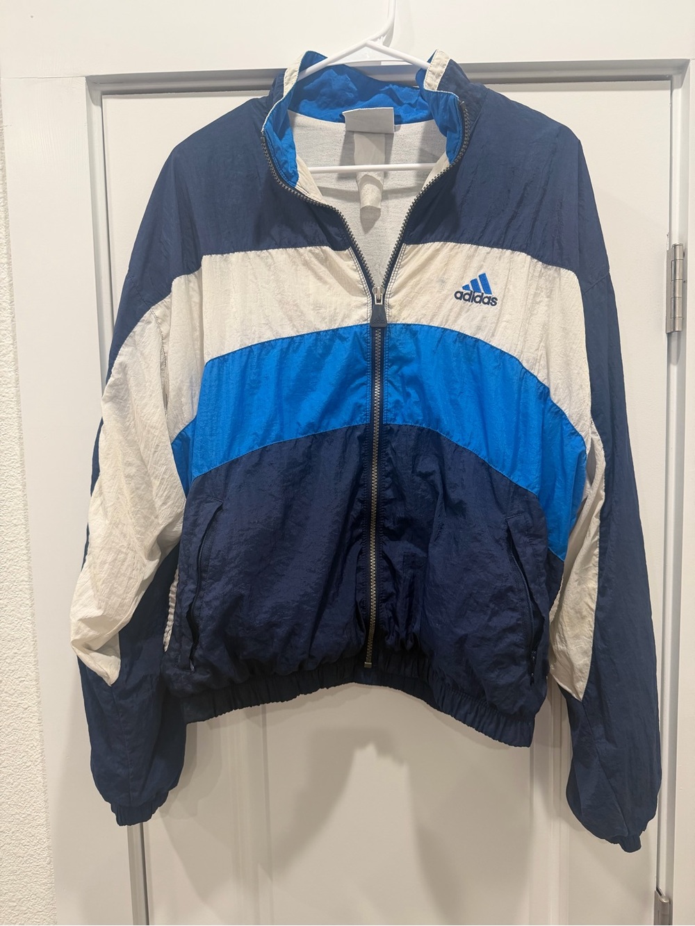 Vintage 90s adidas Men's Navy, Royal Blue & White Colorblock Windbreaker